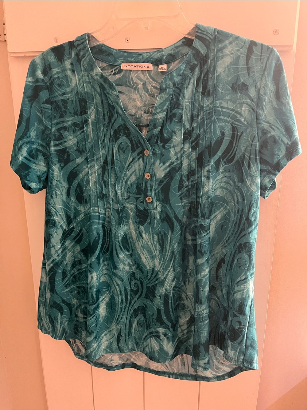 Notations Teal Abstract-Print Short Sleeve Top